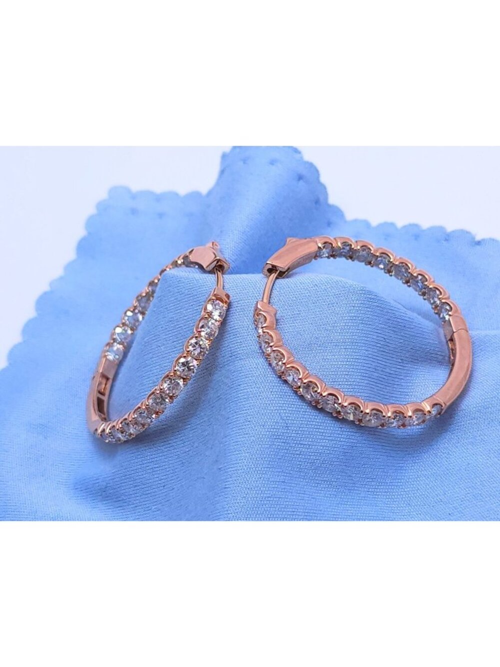 Beautiful 14K Solid Rose Gold Designer Double Sided Diamond Round Hoop Earrings